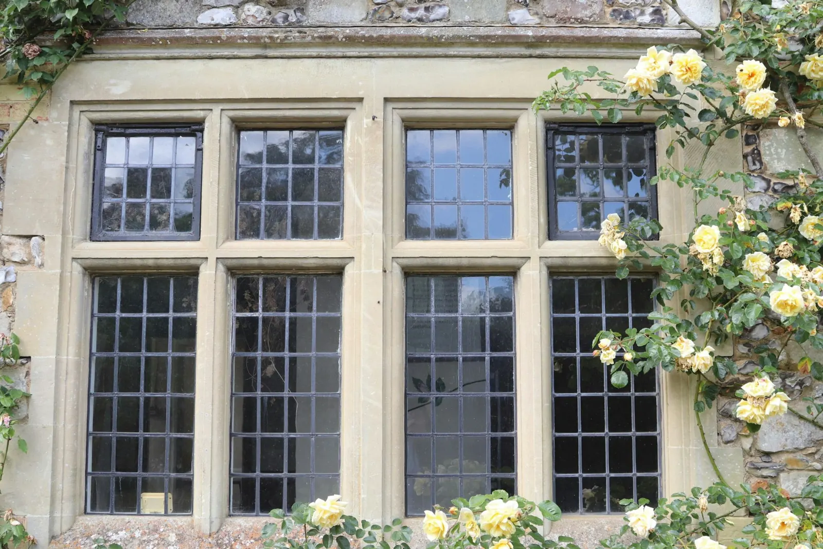 Stone-mullioned leaded light windows in a flint and ashlar elevation, with a climbing rose