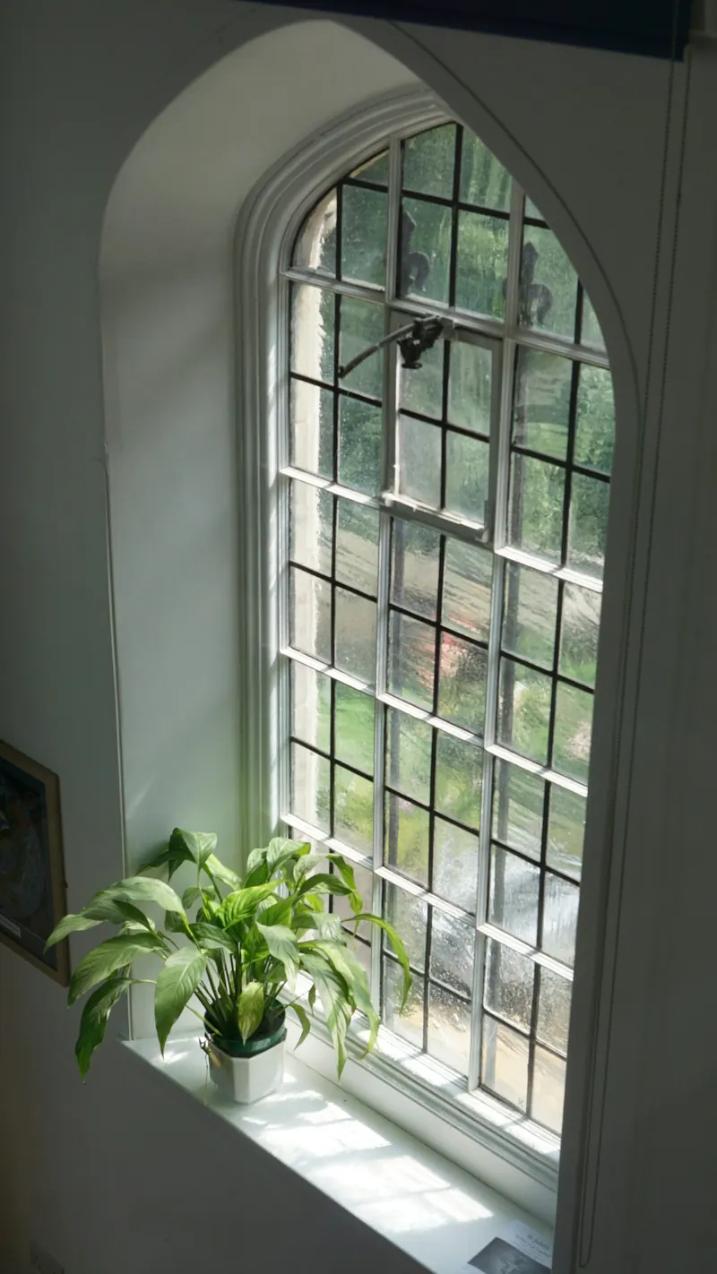 A tall multi-pane window in a plastered interior